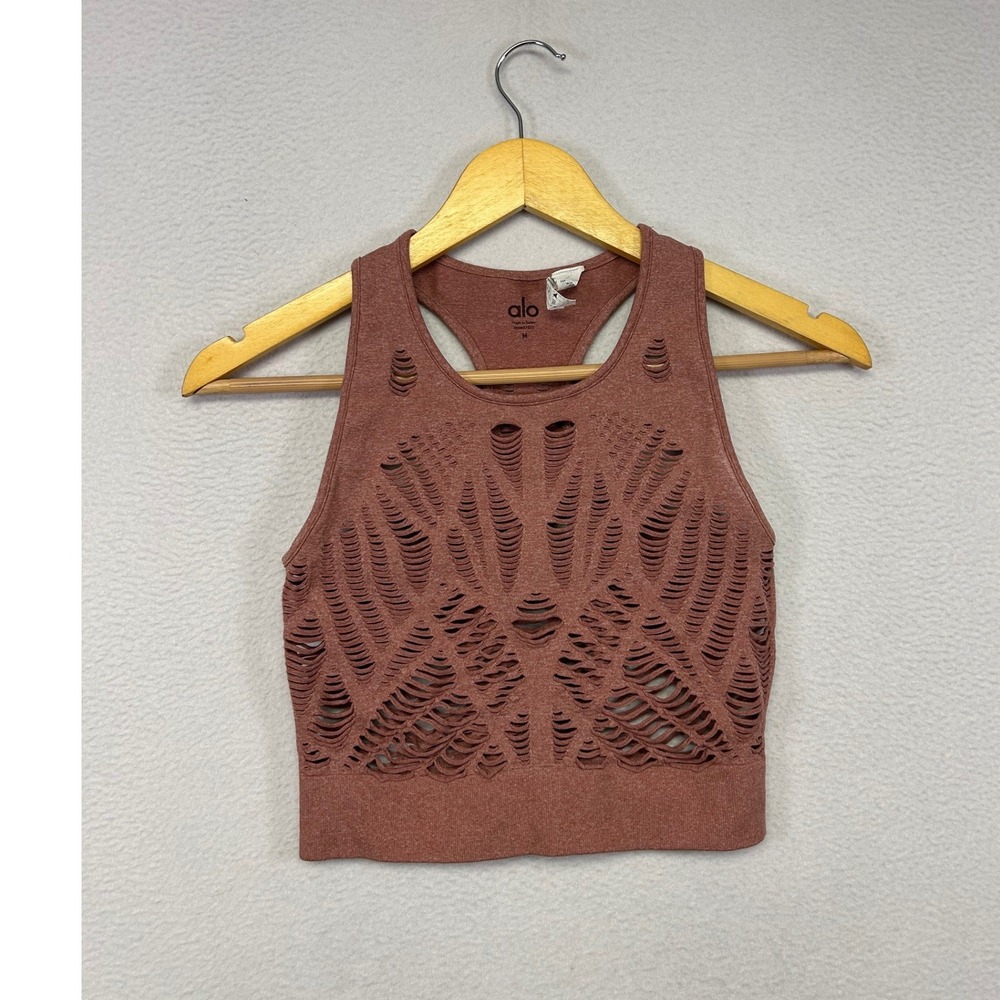 Athletic Yoga Alo Womens Medium Pink Laser Cut Seamless Racerback Crop Tank Top
